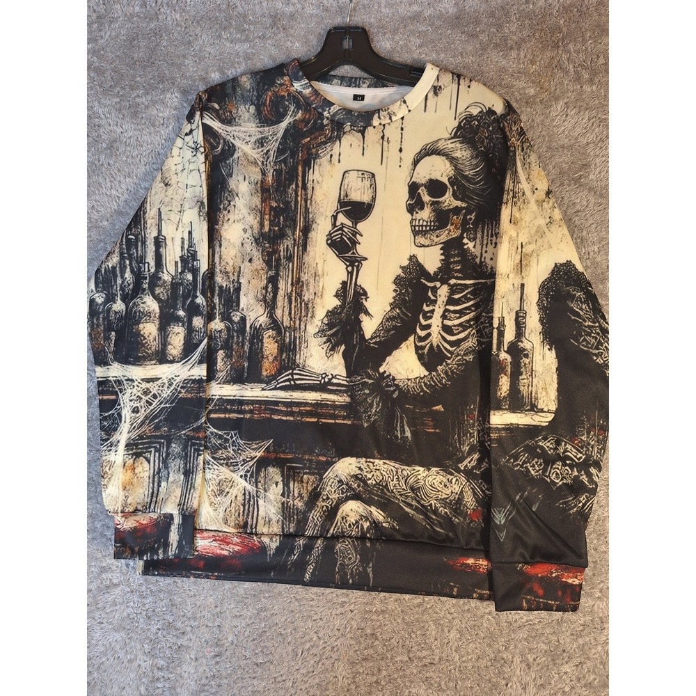 Mens Skeleton Drinking Wine Graphic Sweatshirt Gothic Victorian Print Black M